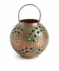 Antique Copper Iron Lantern With Handle In Green Patina Finish (Dia - 8in, H - 7.5in) - Free Size, Metal, Antique, Pack of 1